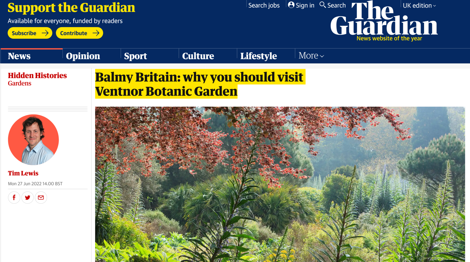 A website screenshot taken from a recent article in the Guardian news paper online showing an image of Ventnor Botanic Garden with Writer Tim Lewis.