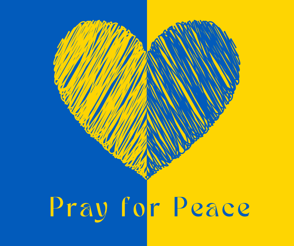 Pray for Peace text with an image of a heart in the yellow and blue of the Ukrainian flag