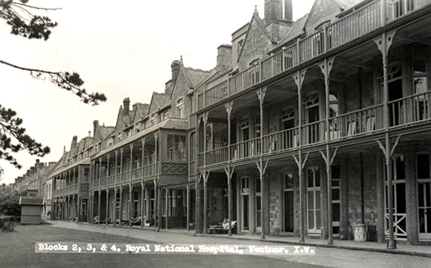 A black and white image showing the front of the old hospital wards that once stood on the grounds of what is now, Ventnor Botanic Garden, before the Garden was created.