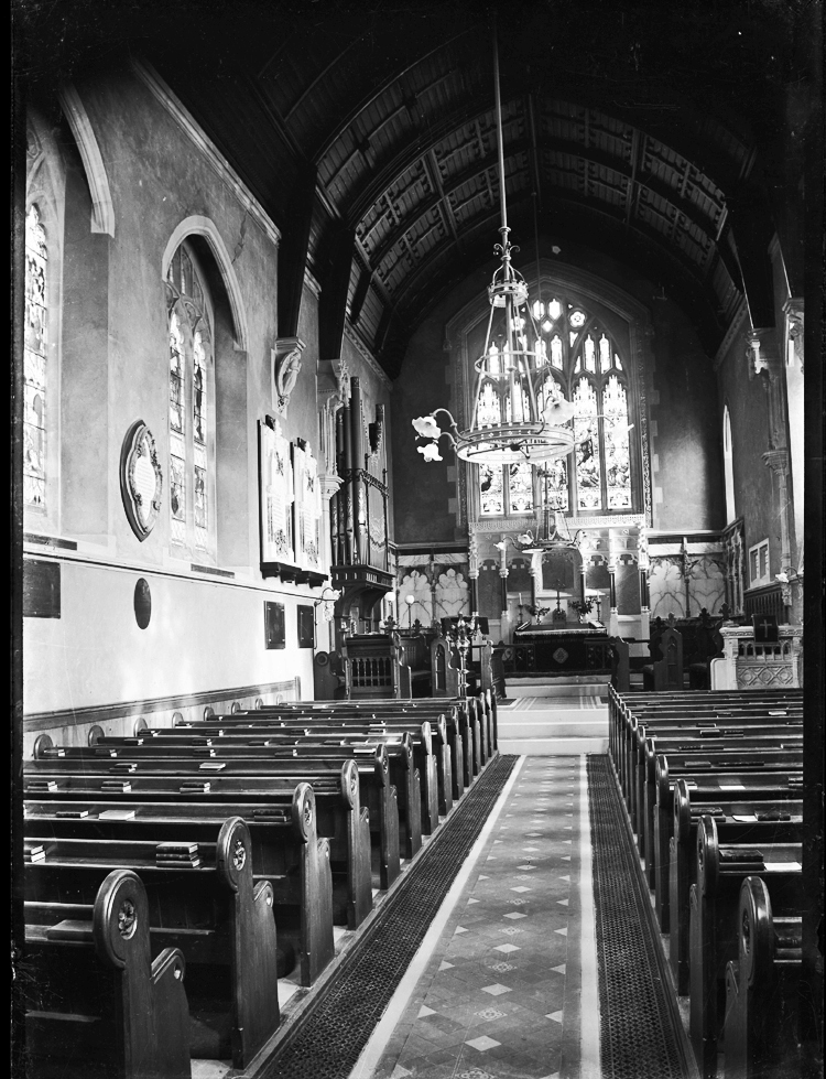 A black and white image taken inside of St Lukes Chapel, the chapel once stood in the middle of the two Hospital wings on the grounds of the Gardens.
